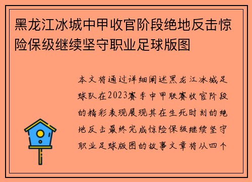 黑龙江冰城中甲收官阶段绝地反击惊险保级继续坚守职业足球版图