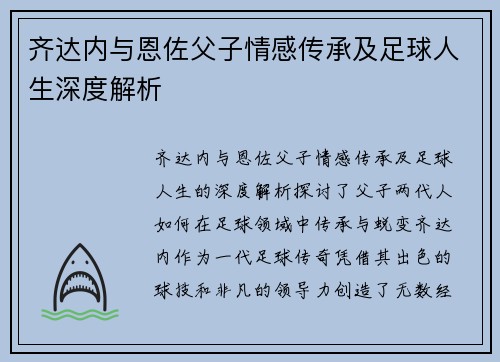 齐达内与恩佐父子情感传承及足球人生深度解析