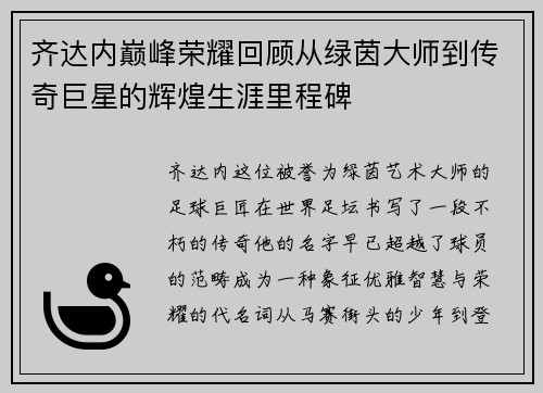 齐达内巅峰荣耀回顾从绿茵大师到传奇巨星的辉煌生涯里程碑